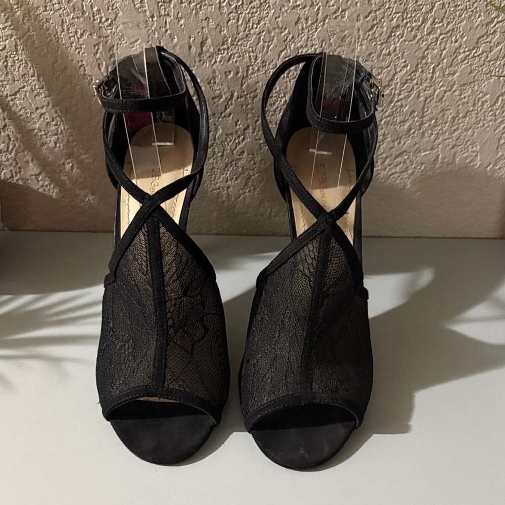 Elegant  Black Lace Peep-Toe Heels with Ankle Strap